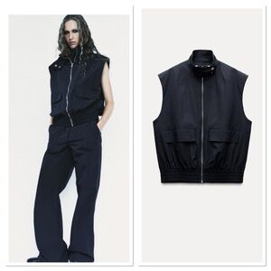 Zara Sleeveless High Collar Patch Pockets Vest Sz:L Navy Blue